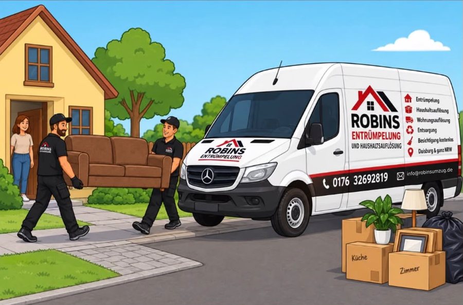 Illustration: Zwei Mitarbeiter von Robins Entrümpelung tragen ein Sofa aus einem Haus zum Firmentransporter
